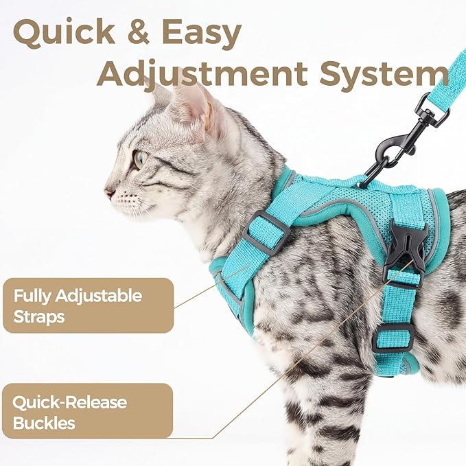 Cat Harness and Leash Set Escape Proof Tactical Medium Kitten Harness Emotional Support Cat Vest, Turquoise, M
