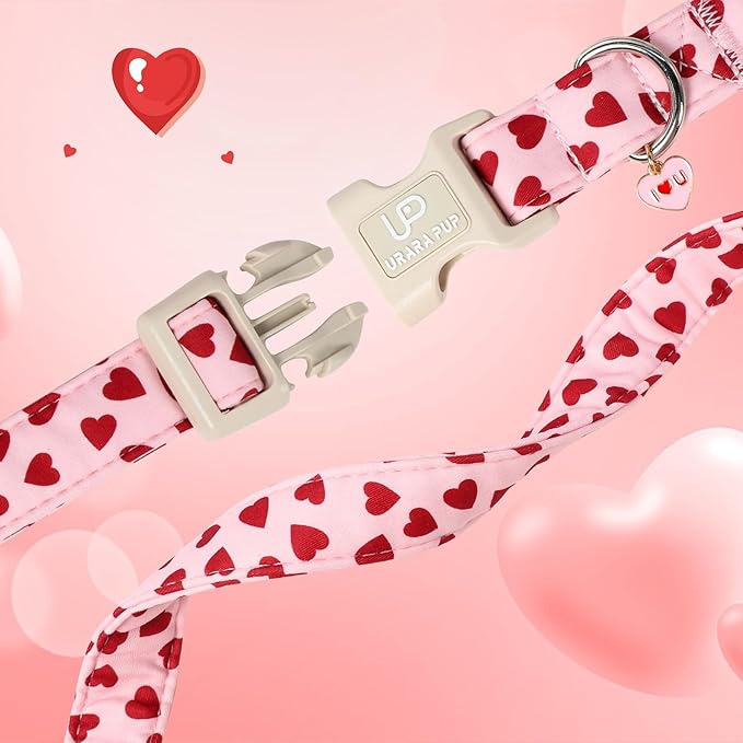 Valentine's Dog Collar, UP URARA PUP Pink Love Heart Adjustable Pet Collar with Bowknot Charm, Adorable Wedding Dog Accessories for Small Medium Large Dogs