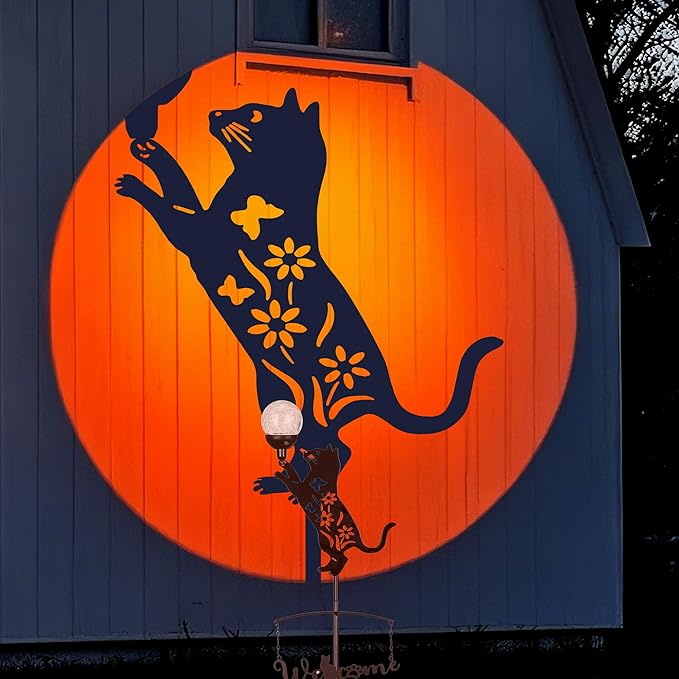 Cat Solar Lights Outdoor Garden Decor,40” Black Cat Stake with Color Changing Crackle Glass Ball Light,Metal Cat Silhouette Welcome Sign for Yard,Lawn,Pathway,Patio,Unique Gift Ideas