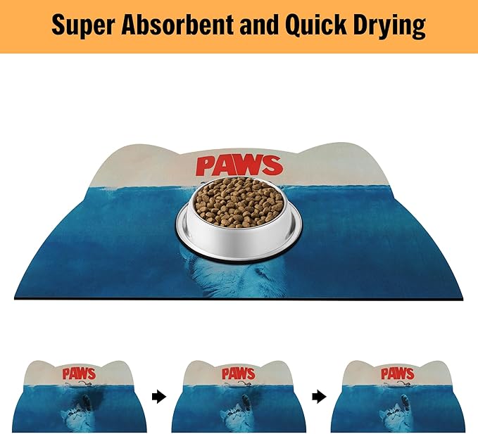 Cat Food Mat - Pet Feeding Mat for Floor, Non-Slip, Waterproof, Super Absorbent, Easy to Clean, Blue, Cat, Dog 18.1''x9.8''