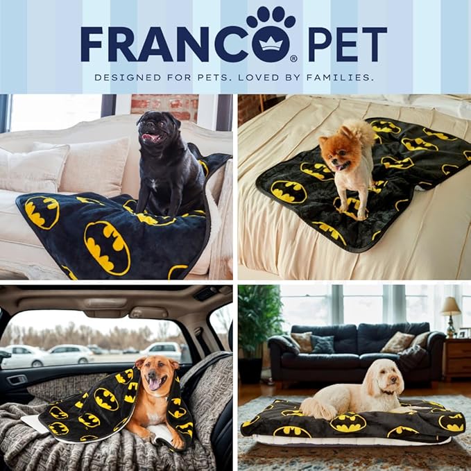 Franco Pet Batman DC Comics Bat Shield Logo Super Soft Cozy Waterproof Sherpa-Backed Blanket Throw for Small Dogs, Couch/Bed/Car, 30x40 (Officially Licensed Product)
