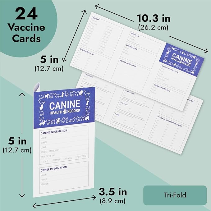 Juvale Puppy Record Card - Compact Portable Puppy Vaccination Record & Ink-Resistant Dog Vaccination Card - Dog Breeding Supplies - Pack of 24, 5 x 3.5 in Folded, White, Paper