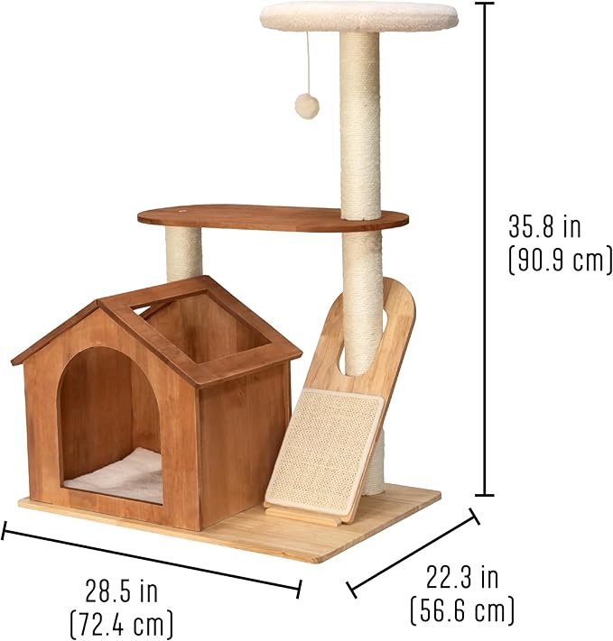 Kitty City Wooden Cat Tower with Hideaway House & Scratching Pad, Modern Two-Level Indoor Cat Furniture with Removable Sherpa Cushion