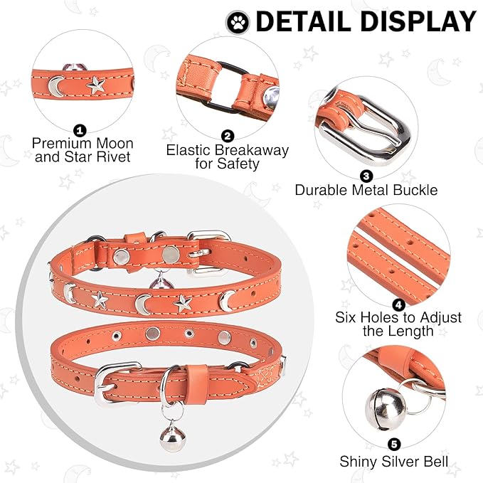 Leather Cat Collars for Boy Girl Cats with Bell and Safety Elastic Belt, Personalized Star and Moon Stud Adjustable Safe Buckle Collar for Kitty Small Big Cats Size 8-12 Inch, Orange