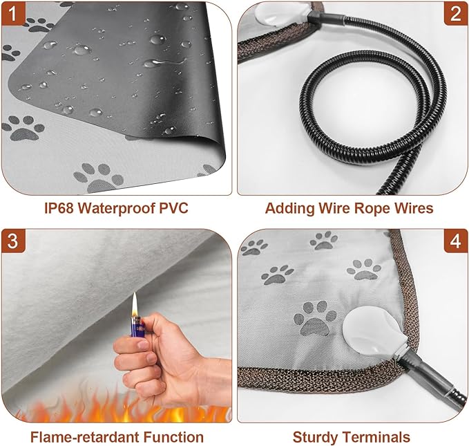 Dog Heating Pad 28x18in with Smart Thermostat Switch and Power Line Protection Tube,Obtained MET and UL Dual Certification,Waterproof Puppy Heating pad-Paw Print