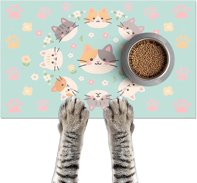 Cat Feeding Mat 24x16 inch Kitten Print Pet Bowl Placemat Non Slip Floor Mat for Food and Water Indoor Kitty Feeding Station Cute Meal Pad for Small Pets Kitchen Use