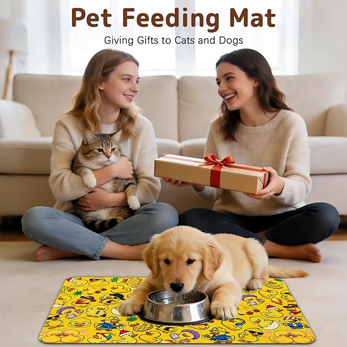 Dog Food Mat for Bowls, Absorbent Quick Dry Dog Cat Mats for Food and Water, Non-Slip Backing Pet Mat Pet Supplies - Duck Pattern