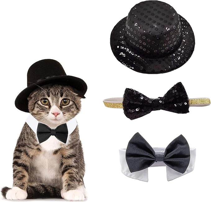 Christmas Pet Party Jazz Hat and Blingbling Bow Tie Breakaway Collar Set, Adjustable Headband for Kitten Puppy Small Dogs Cats (Black-3pcs)