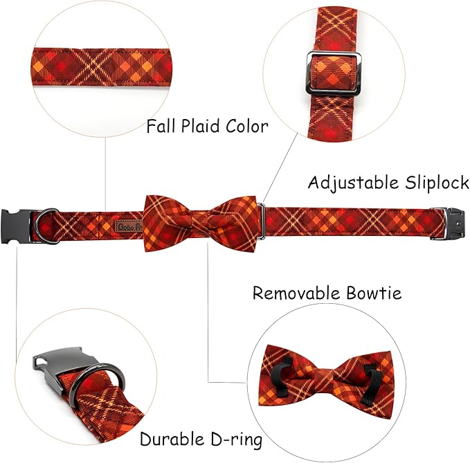 Fall Dog Collar, Pet Collar with Bow Plaid Dog Collar Girl Boy Holiday Puppy Collar Gift Bow Collar Soft Cute Collars for X-Small Puppy