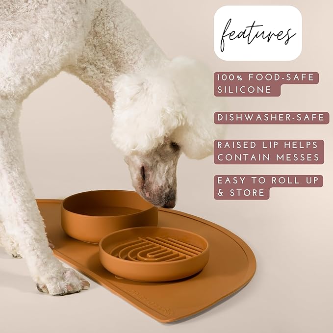Should We Go - Waterproof Silicone Pet Food Mat - Non-Slip Spill-Proof Feeding Mat for Floors, Raised Edge Design Easy-to-Clean Rubber Pad for Dog & Cat Bowls, 28" Across x 14" Deep, Large-Terracotta