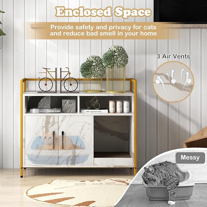 Giantex Cat Litter Box Enclosure - Cat Washroom Hidden Furniture with Front Entry, Scratcher, 2-Door Storage Cabinet, 2 Compartments, Air Vents, Metal Frame, Wooden Pet Crate House (Marble White)