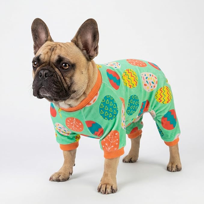 Fitwarm Easter Egg Dog Pajamas, Holiday Dog Clothes for Small Dogs Girl Boy, Pet Easter Outfit, Puppy Cat Onesie, Lightweight Velvet, Light Green, Orange, Medium