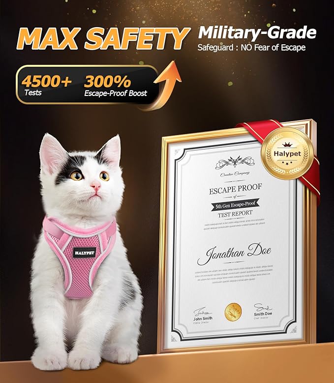 Halypet Cat Harness and Leash Set [MAX Safety 4th-Gen Upgrade] Escape Proof Adjustable Cat Leash Comfortable Soft Vest Easy to Wear Kitten Harness with Reflective Strip for Cats Walking, M Pink