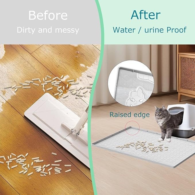 Cat Litter Mat for Litter Box, Silicone Large Cat Litter Trapping Mat - 40x28 in, Waterproof & Non-Slip, Durable & Easy Clean, Light Gray