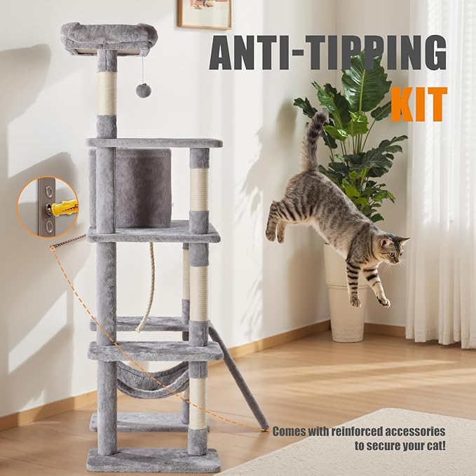 Large Cat Tree 63 Inch, Multi-Level Tall Cat Tree Tower with Condo, Perch, Sisal Scratching Posts Board and Hammock, Pet Play House with Dangling Balls for Indoor Cats, Light Grey