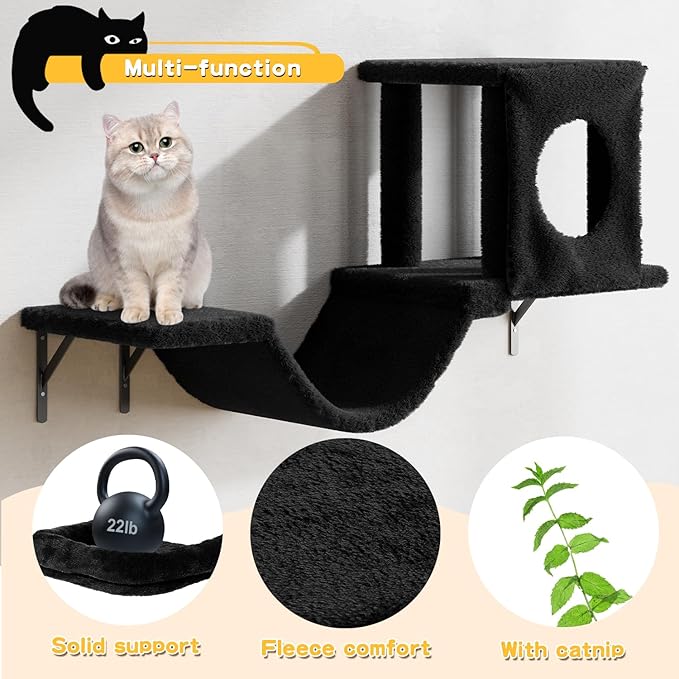 NUNU LAB Wall Mounted Cat Furniture Set - 6 Pcs Climber Set with House, Bridge, Steps, Scratcher Board - DIY Walls Playground, Indoor Cat Shelves - Black
