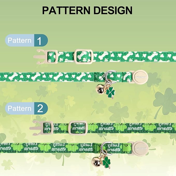Lionet Paws 2pcs Pack St. Patrick Cotton Cat Collar,Breakaway Buckle with Clover and Bone Stick Cute Adjustable Green Cat Kitten Collar,Ideal for Girl Cats Boy Cats
