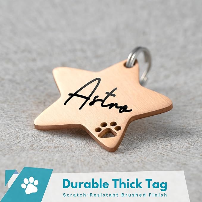 Ultra Joys Dog Tags Personalized for Pets - Hollow Paw Custom Pet ID Tag - Engraved Dog Tag for Small, Large Dogs - Small Star in Rose