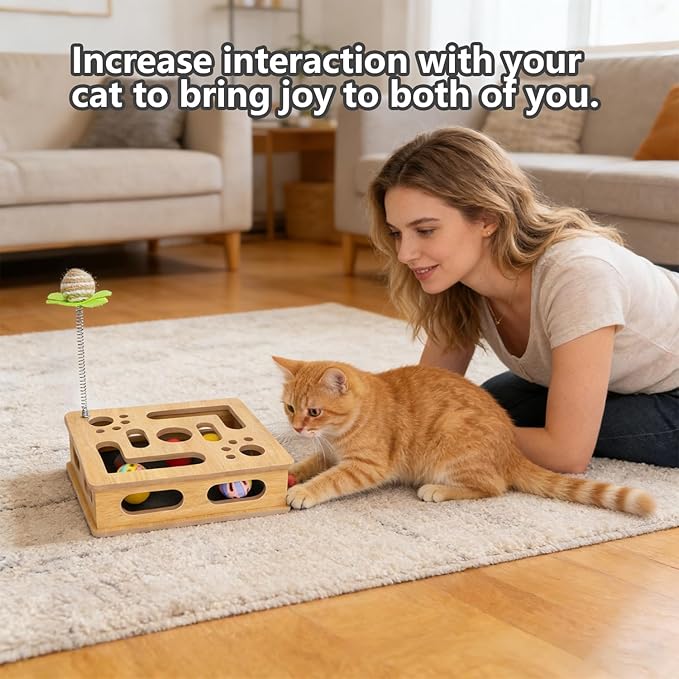 Interactive Wooden Cat Scratch Puzzle Enrichment Box,Cat Nail File Enrichment Box, Features Built in Sandpaper to Help Trim Claws During Play. (Burlywood Color)