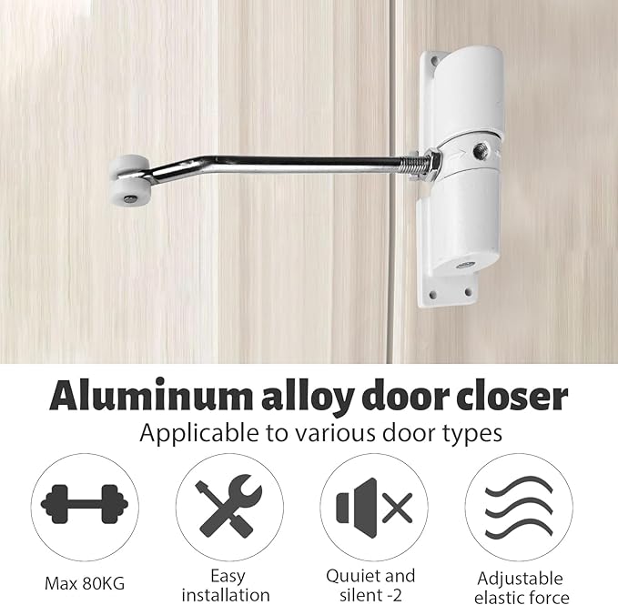 Automatic Door Closer, Zinc Alloy Safety Spring Door Closer Adjustable 30 kg Closing Door Hinge (White)