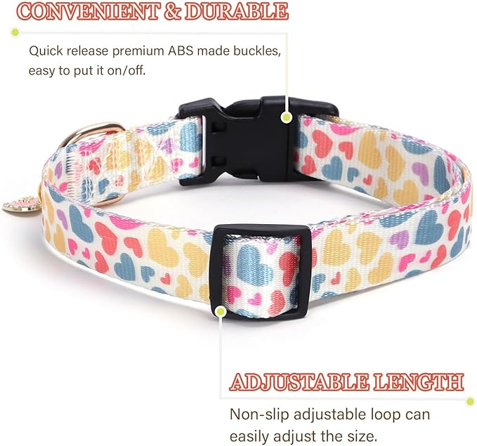 Love Pattern Dog Collar with Buckle Adjustable Safety Nylon Collars for Small Medium Large Dogs, Cute Stylish Girl Boy Christmas Dog Collar(White Heart,L)