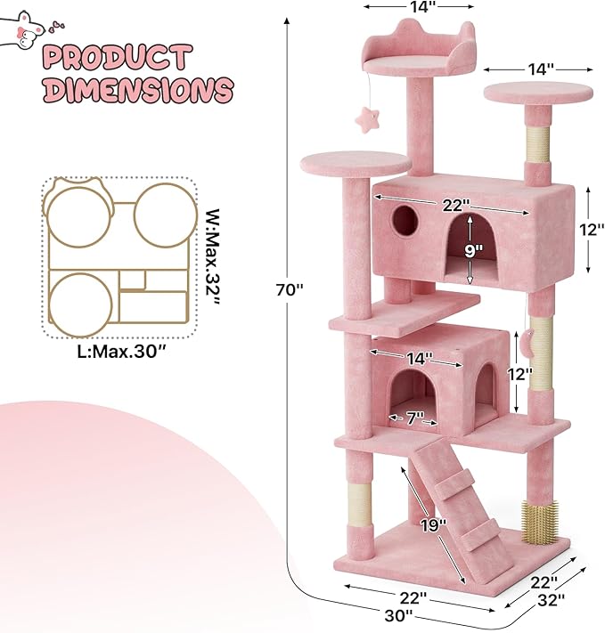 MoNiBloom 70 Inch Cat Tree Tower for Indoor Cats Large Adults, Tall Cat Tower with Scratching Post, Multi-Level Furniture Activity Center with Cat Condo Pet Play House, Soft Pink