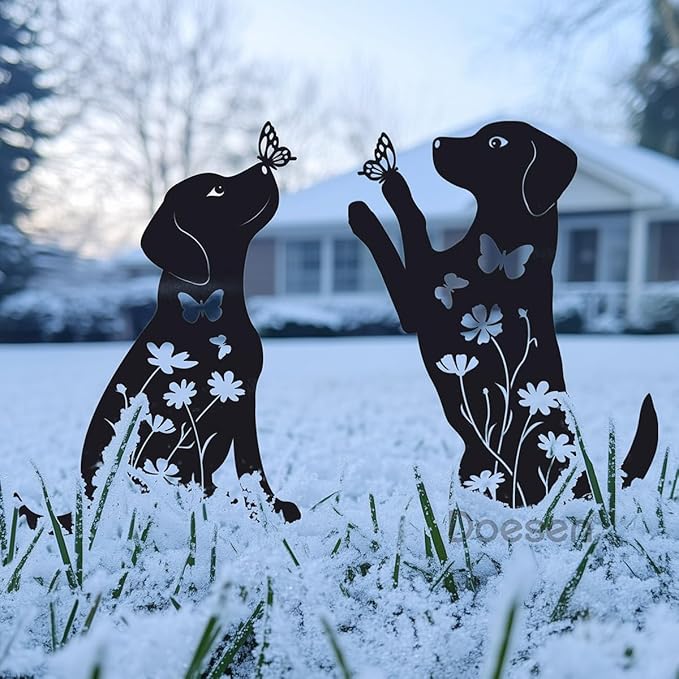 Metal Dog Garden Decor for Outside (2 Pack), 17" Puppy Decorative Garden Stakes, Black Dog Silhouette Outdoor Dog Decor, Dog Yard Art, Weather Resistant Steel Dog Yard Decor for Dog Lovers