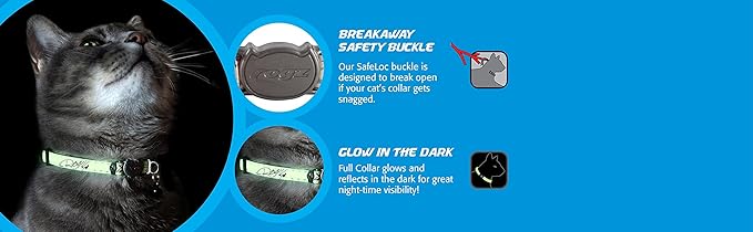 Rogz Glow in the Dark Reflective Cat Collar with Breakaway Clip and Removable Bell, fully adjustable to fit most breeds, Jumping Black Cat Design