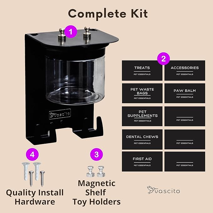 Dog Treat Holder For Wall Storage For Pets, Premium Pet Wall Organizer, Includes One 16oz Airtight Dog Treat Jar, 2 Sets of Triple Hooks, Sturdy Shelf in Modern Black