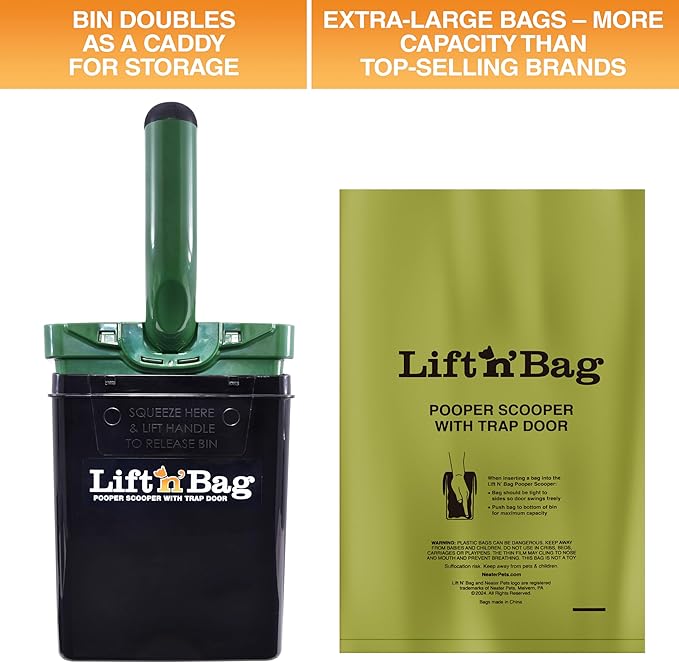 Neater Pet Brands Lift N’ Bag 2.0 Dog Pooper Scooper with Bag Attachment for Small to Large Dogs, New & Improved Design, 60 Refill Bags, Heavy Duty Dog Poop Scooper for Yard & Walks, One-Hand Use