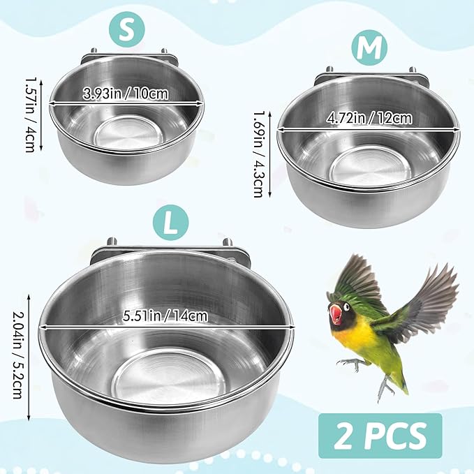 PINVNBY Stainless Steel Bird Bowl Parrot Food Water Bowls with Clamp Holder Bird Feeder Dish Cups Crate Bowls for Cockatiel Pigeons Conure Budgies African Greys (2PCS Screw Size: M)
