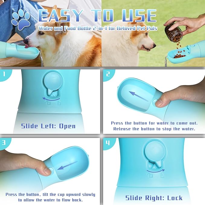 2-in-1 Dog Water Bottle Portable, Food Grade Travel Dog Bowls with Food Container, 19Oz Dog Water Bowl Dispenser, Hiking Essentials, Puppy Stuff Dogs Accessories Girl Boy (Blue)