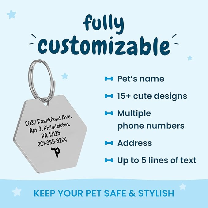 PawFurEver Dog Tag Personalized Pet Name | Customized Dog Tags Engraved Front & Back - Stainless Steel, Dark Etching Pet ID Tag Dog Tags Made in USA (Hexagon, Silver)