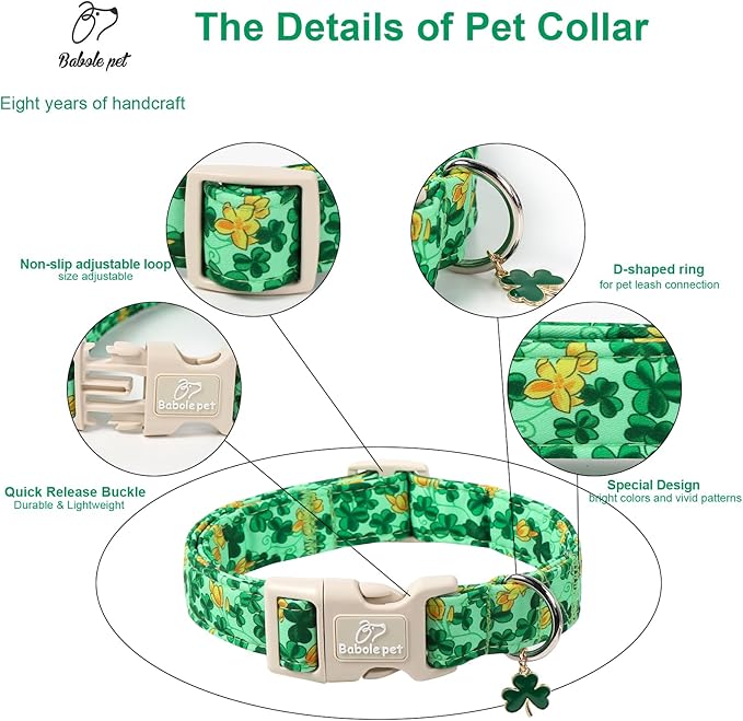St. Patrick's Day Dog Collar for Large Dogs - Green Shamrock & Yellow Flower Print Dog Collars, Cute Irish Party Puppy Collar, Lightweight Adjustable St. Patricks Day Pet Collars L