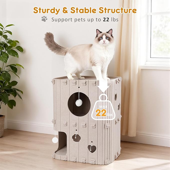 Cat House for Indoor Cats - 2-Story Enclosed Cat Bed Cave for Multiple & Large Cats, Felt Covered Pet Hideaway Tunnel Condo House, Kitty Hut Hideout Cube, Scratch Resistant, Beige
