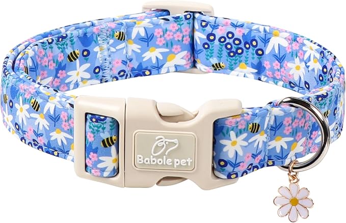 Floral Dog Collar for Small Dogs - Cute Spring Dog Collars, Soft Lightweight Bee & Daisy Puppy Collar, Breathable Adjustable Male Female Blue Wildflowers Dogs Collars XS