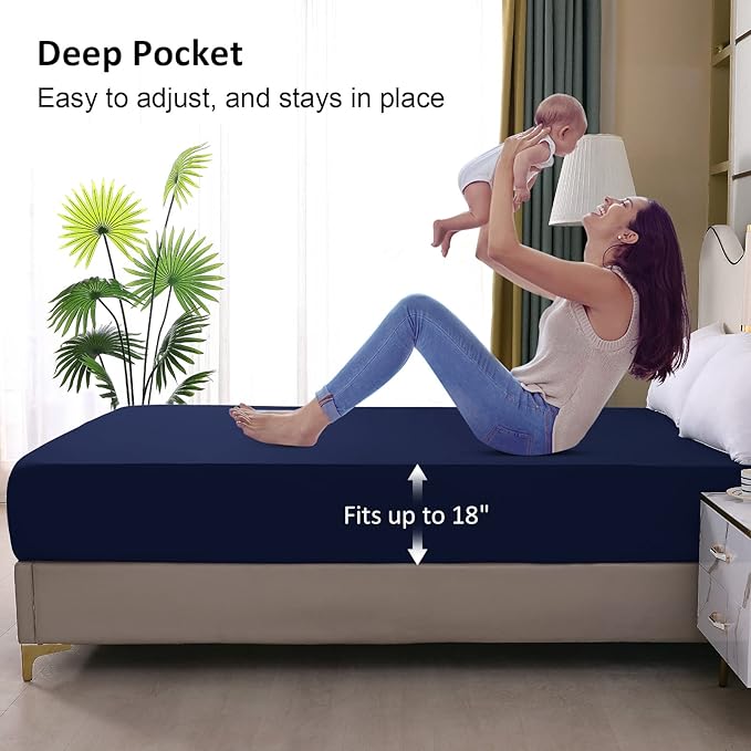 Twin Mattress Protector Waterproof, Fitted Sheet Style Breathable Cooling Mattress Cover with Deep Pocket Fits Up to 18'', Noiseless Bed Cover for Kids Adults, Machine Washable(Navyblue, 39'' X 75'')