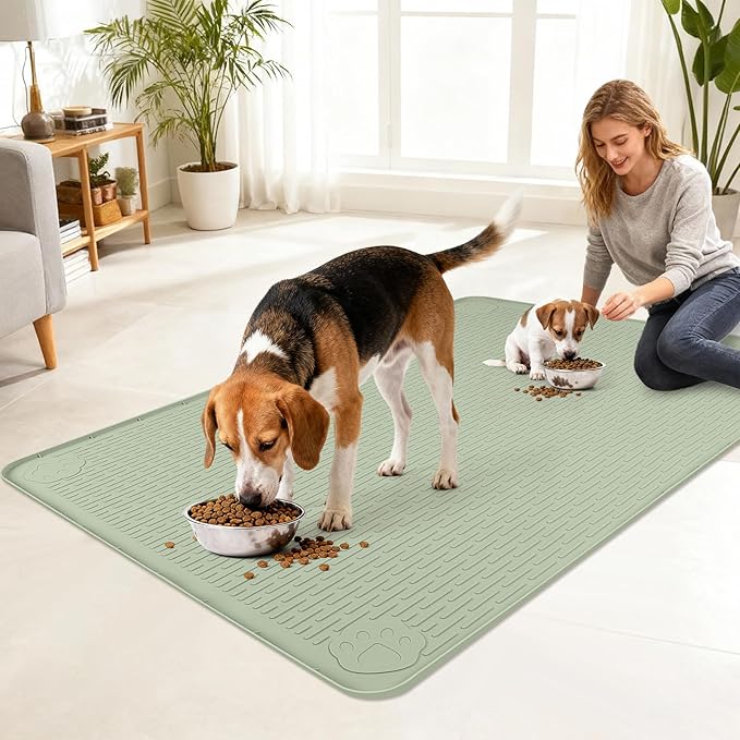 Lanstics Dog Food Mat, 40" x 28" Large Silicone Mat Dog Feeding Mat with Raised Edge Non-Slip Pet Feeding Mat for Food and Water Bowl, Easy to Clean, Floor Protection (Green)