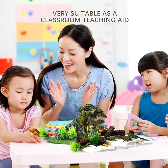 32Pcs Desert Reptiles Animals Figures Toys School Projects Diorama Kit Lizard Snake Cactus Plants Rock Playset for Kids Toddlers Cake Toppers Birthday Party Favor Decorations