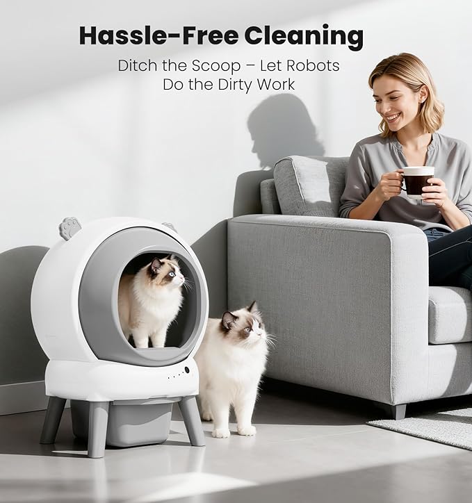 Self Cleaning Litter Box for Multiple Cats, Automatic Litter Box with APP Real-Time Monitor, Dual Safety Protection, Odor-Free Waste Disposal Includes Trash Bags, Gray