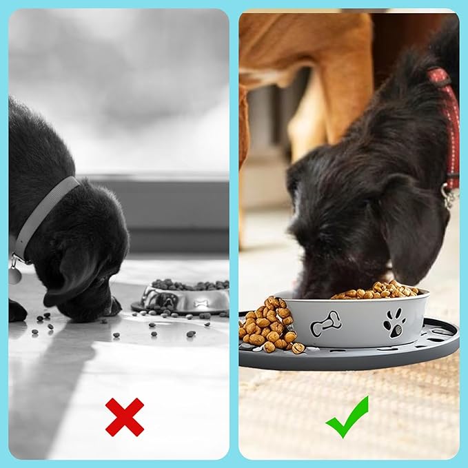 Silicone Dog Food Mat,Silicone Pet Food Mat Cat,Rubber for Dog Bowls Mats for Food and Water Bowl Feeding Round Paw Print（1 Pcs，Gray）