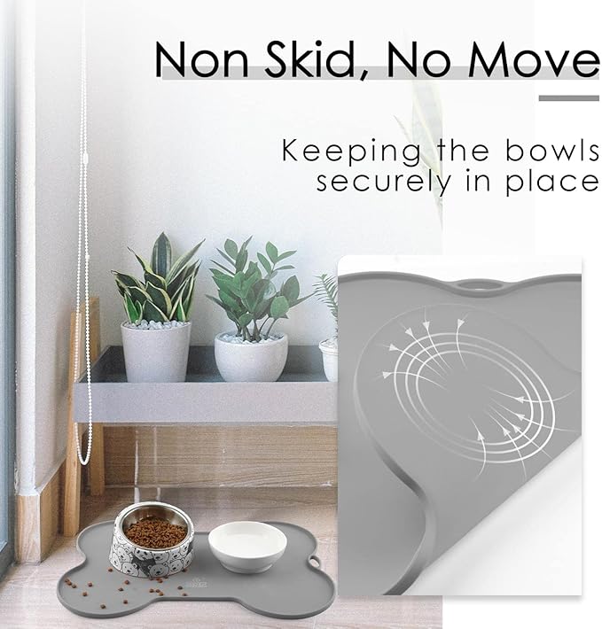 Super Design Dog Food Mat Dog Bowl Tray for Food and Water, Silicone Non-Spill Waterproof Pet Feeding Mat Puppy Placemat Easy-Clean, 20.5" x 14.5", Grey