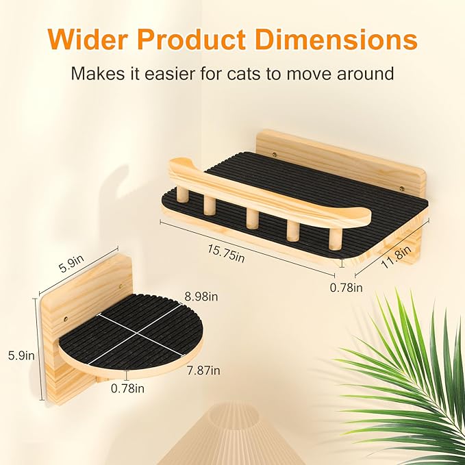 XiaZ Cat Wall Shelves, Cat Wide Climber Shelf with 3 Perch Steps, Kitty Wall Mounted Wooden Furniture up to 25lbs, Durable Floating Cats Stairs for Indoor Sleeping, Playing, Climbing and Lounging
