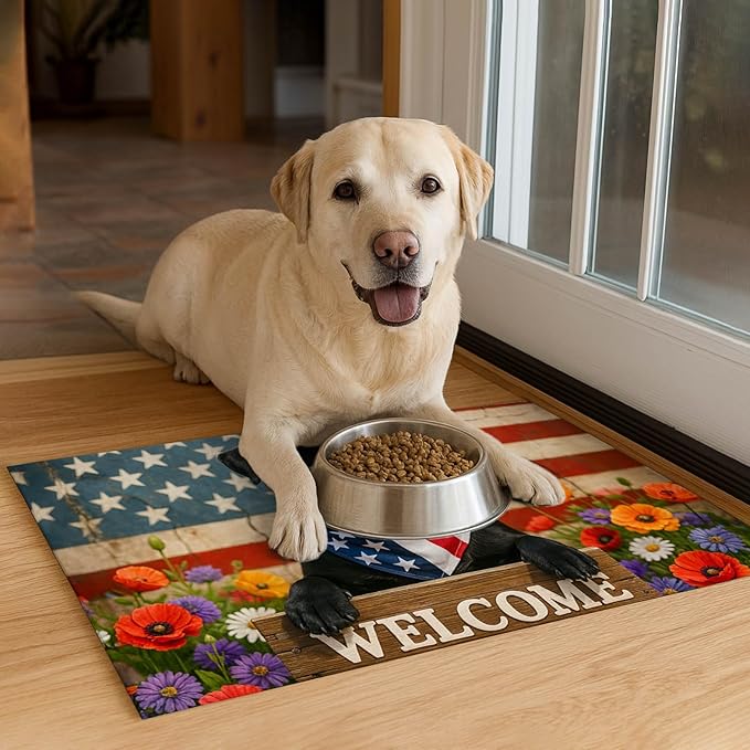 Patriotic 4th of July Flag Dog Pet Food Mat Independence Day Spill-Proof Pet Feeding Mat USA Welcome Dog Bowl Mats Pets Placemat Cat Food Mats for Home Decor 24" x 16"