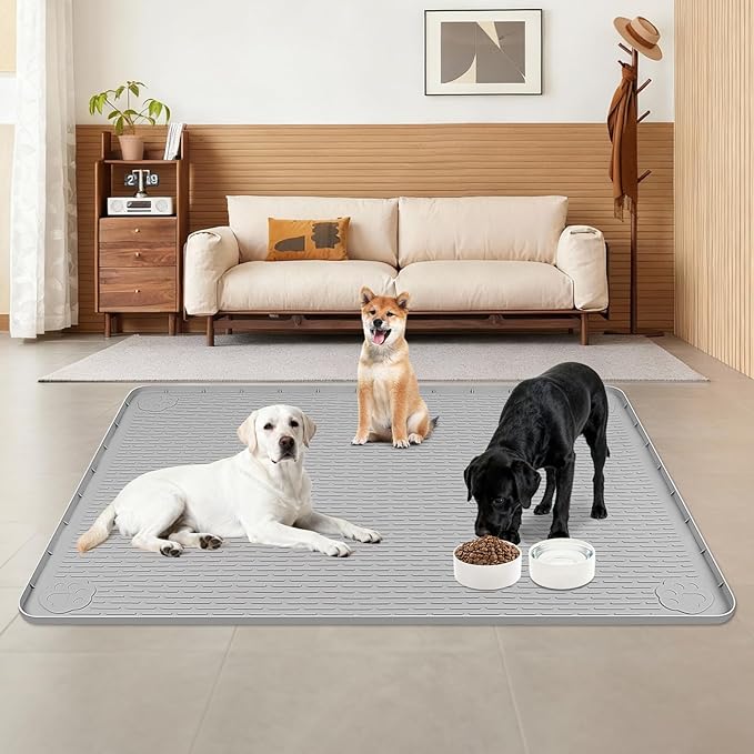 Lanstics Dog Food Mat, 50" x 35" Large Silicone Mat Dog Feeding Mat with Raised Edge Non-Slip Pet Feeding Mat for Food and Water Bowl, Easy to Clean, Floor Protection (Gray)