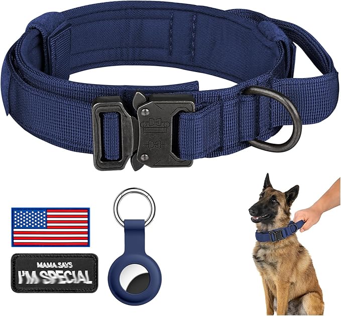 DAGANXI Tactical Dog Collar, Adjustable Military Training Nylon Dog Collar with Control Handle and Heavy Metal Buckle for Medium and Large Dogs, with Patches and Airtags Case (Midnight Blue, M)