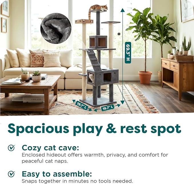 FurHaven 69.3" Tall Cat Scratching Post Tower for Indoor Cats, Sisal Cat Tree with 2 Condos, Tiger Tough Double Decker Playground, Toys & Perches for Cats, Sisal, Silver Gray