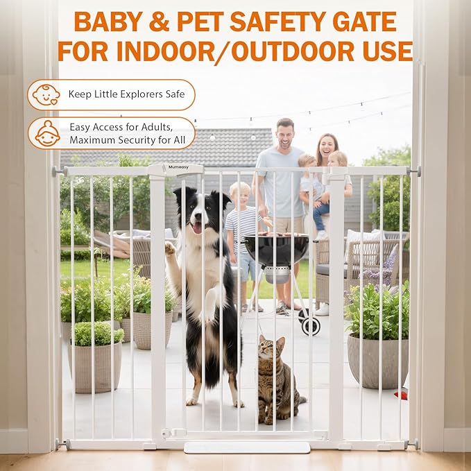 Mumeasy 36" Extra Tall Baby Gate for Stairs, 29.7-51" Wide Dog Gates Indoor for Doorways with Easy Walk Thru, Auto Close Pet Safety Gate for House, Pressure Mounted Metal Child Gate with Door, White