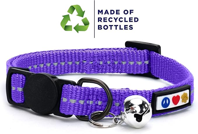Pawtitas Recycled Purple Reflective Cat Collar – Eco-Friendly Breakaway Safety Buckle, Adjustable Kitten & Adult Collar with Removable Bell and High-Visibility Strap