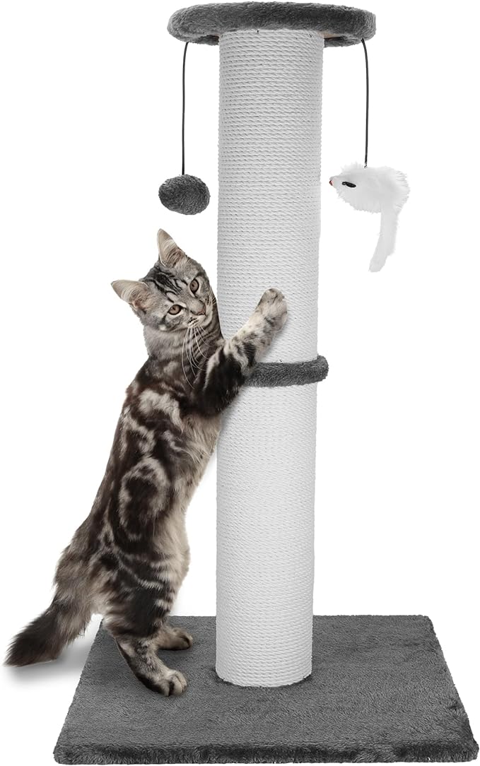 Cat Scratching Post 34 Inches Heavy Duty and Thicker Cat Scratching Post Cotton Rope with Hanging Ball and Mice Scratching Post for Indoor Cats and Adult(Grey)